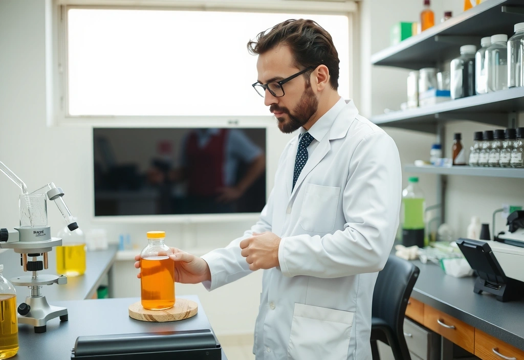 A chemist working in a clean lab with natural ingredients