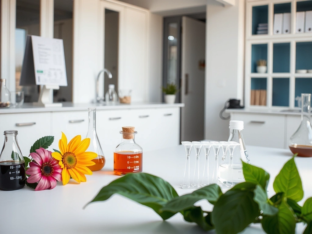 Clean, minimalist laboratory setting with natural ingredients and scientific equipment