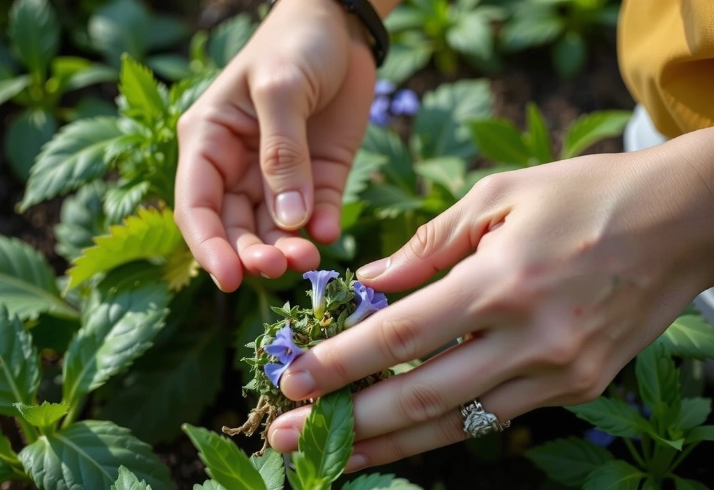 Hands carefully harvesting fresh herbs from a field