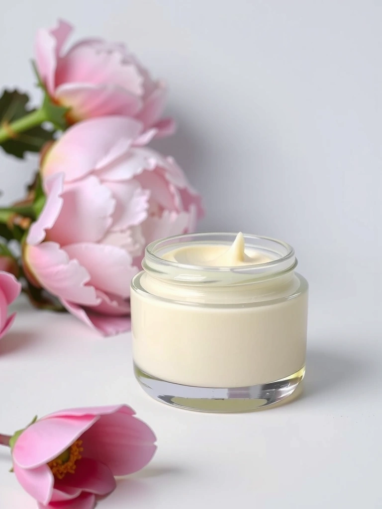 A delicate jar of women's face cream with a soft, floral background